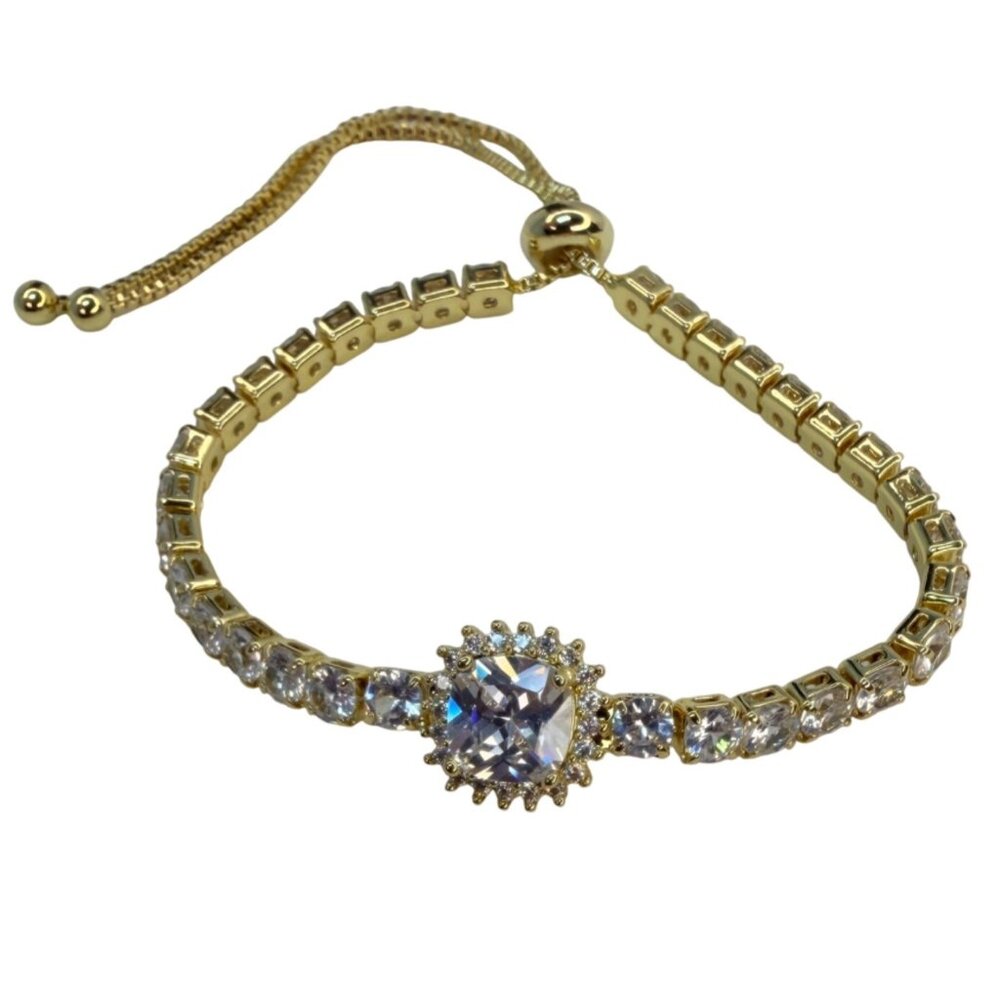 Vintage Swarovski Crystal Tennis Bracelet Halo Center Gold Overlay Slider - Picture 7 of 9